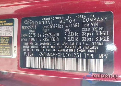 2015 Hyundai Santa Fe Gls из США, поврежденный, VIN KM8SM4HFXFU101251